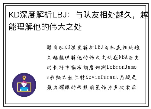 KD深度解析LBJ：与队友相处越久，越能理解他的伟大之处