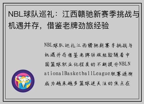 NBL球队巡礼：江西赣驰新赛季挑战与机遇并存，借鉴老牌劲旅经验