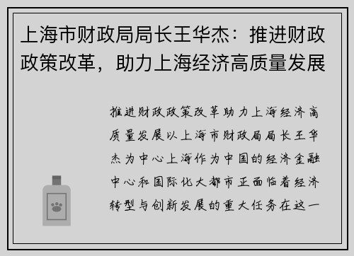 上海市财政局局长王华杰：推进财政政策改革，助力上海经济高质量发展