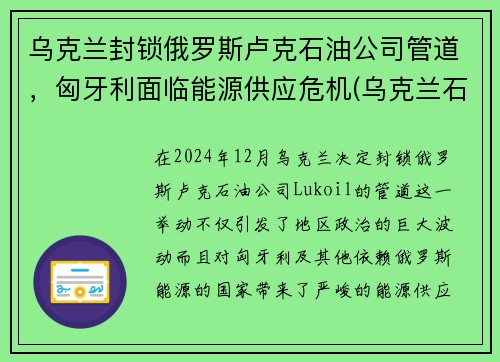 乌克兰封锁俄罗斯卢克石油公司管道，匈牙利面临能源供应危机(乌克兰石油储量)