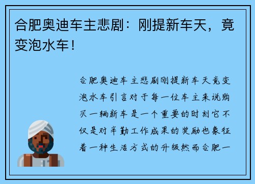 合肥奥迪车主悲剧：刚提新车天，竟变泡水车！
